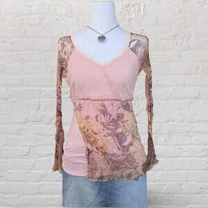 y2k euro baby pink mesh long sleeve top with lace trim and floral print
